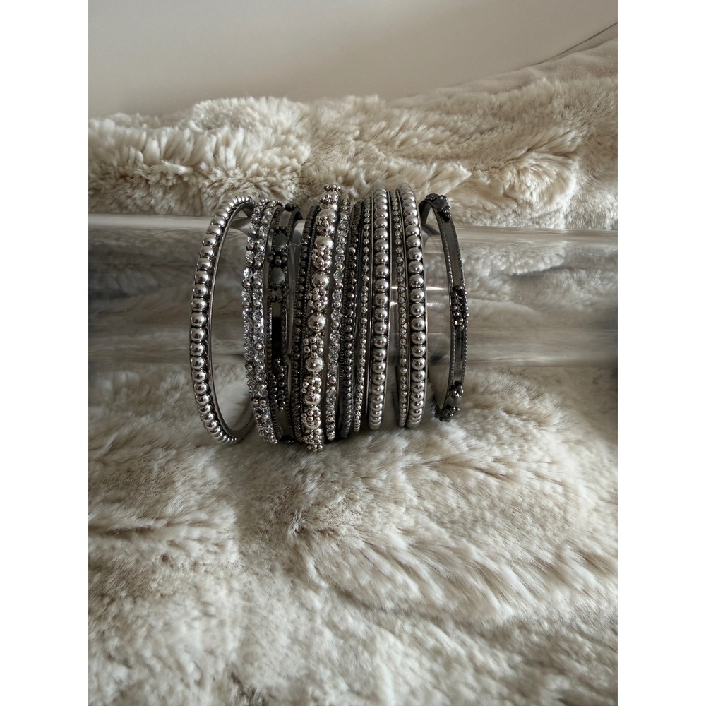 12pc Stackable Bangle Bracelet Set Gunmetal Silver Tone Rhinestone Beaded Boho